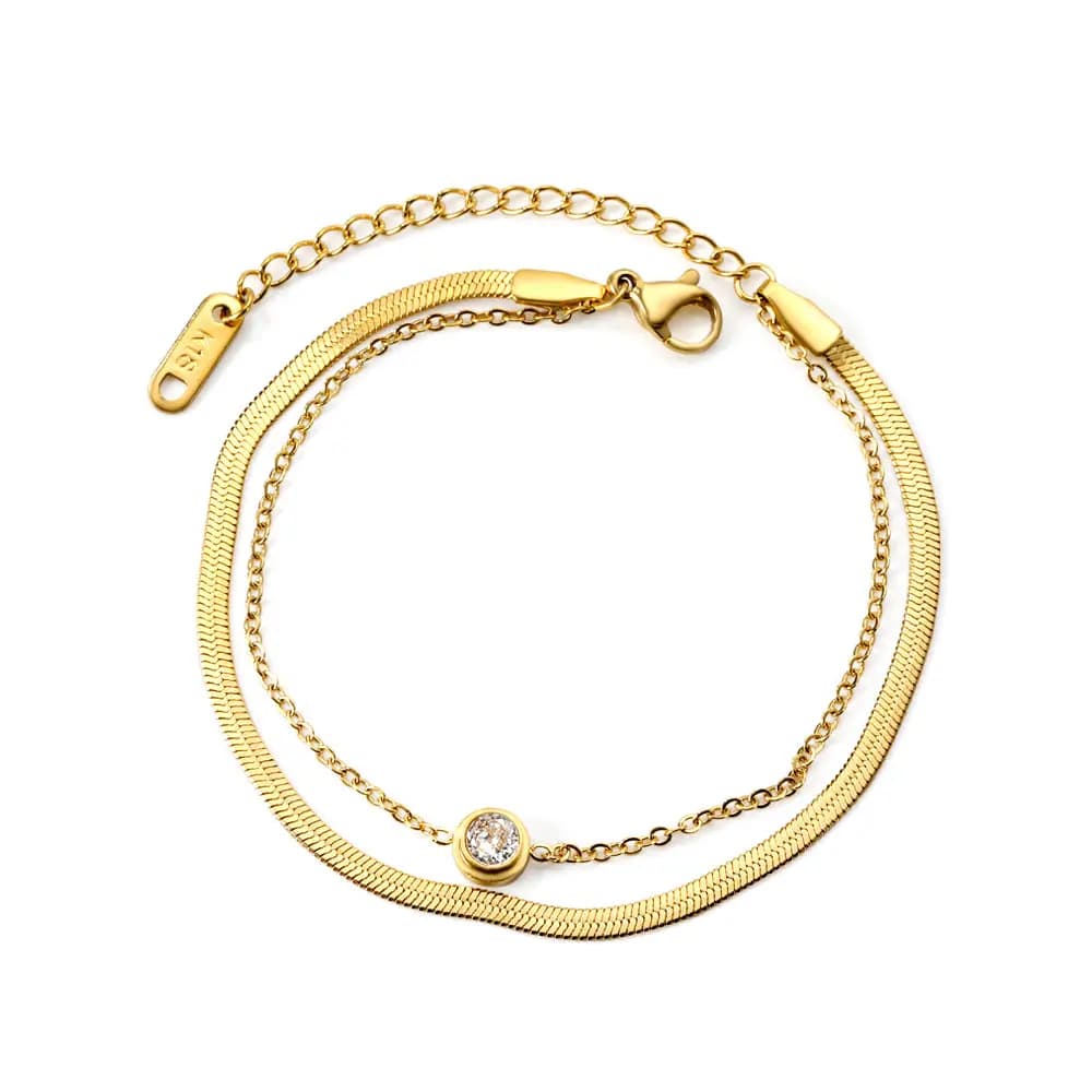 Gold-Toned Double Chain Bracelet with a Sparkling Stone