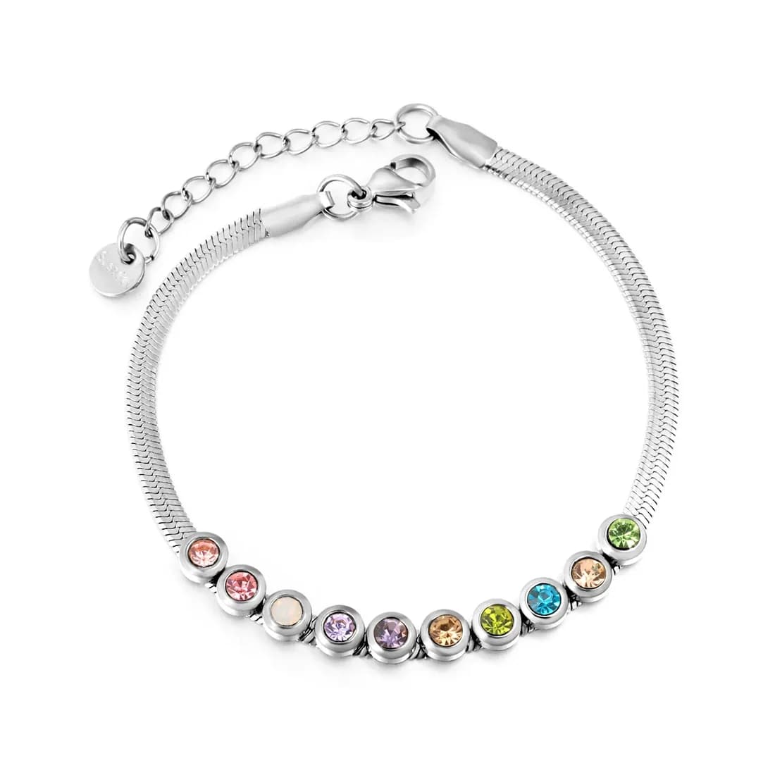 Silverfärgat armband med färgglada kristaller
